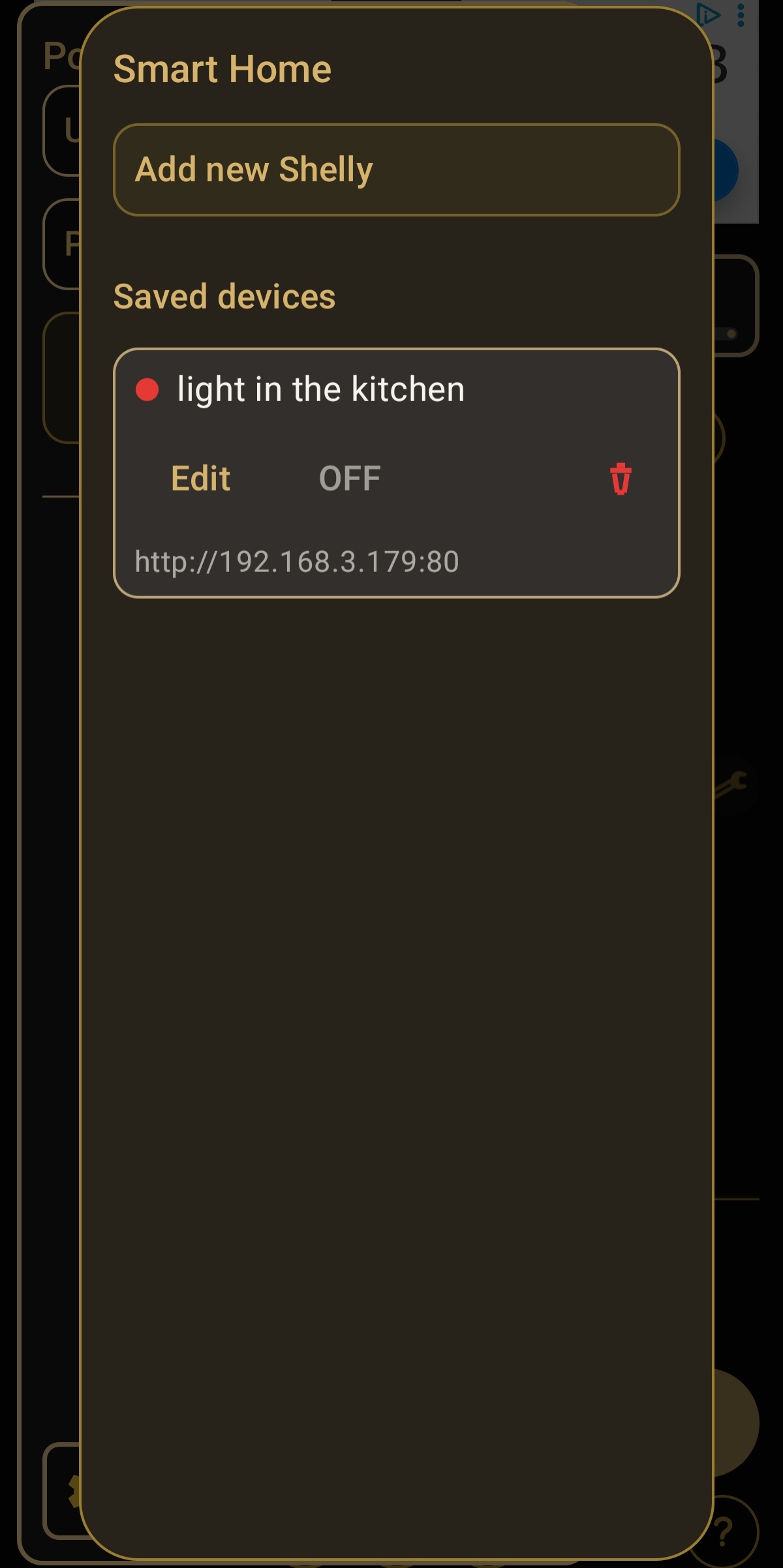Semsa Smart Home settings screen with saved Shelly device